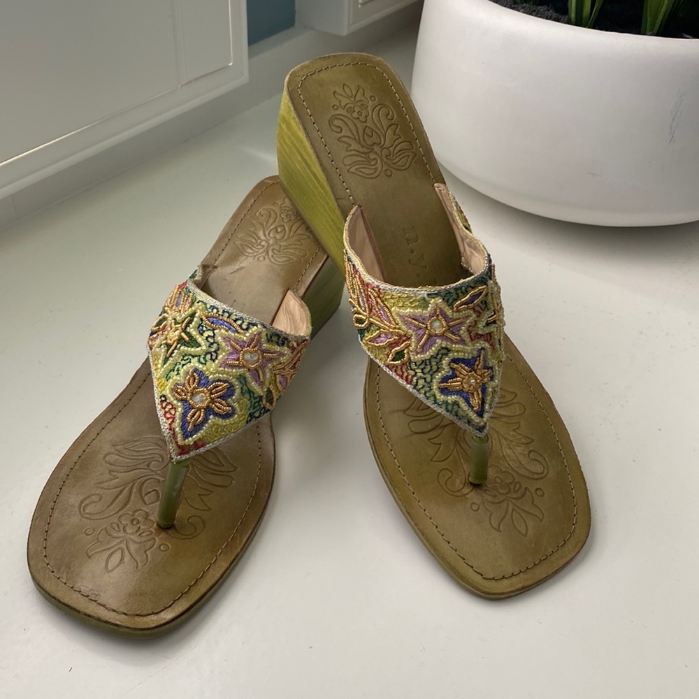 N.Y.L.A. Green Beaded Floral Wedge Sandals